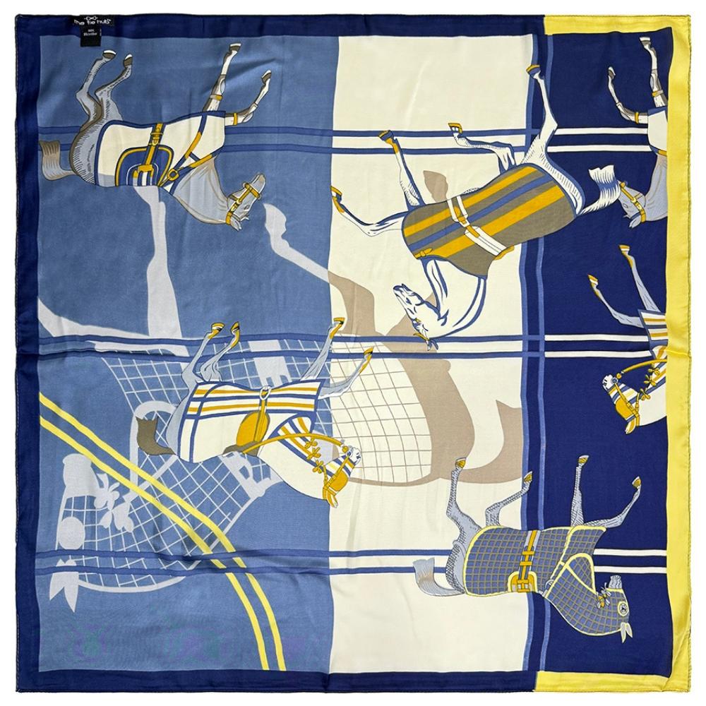 Navy Blue, Beige & Yellow Pure Microfiber Scarf For Women with Equestrian Horse Print