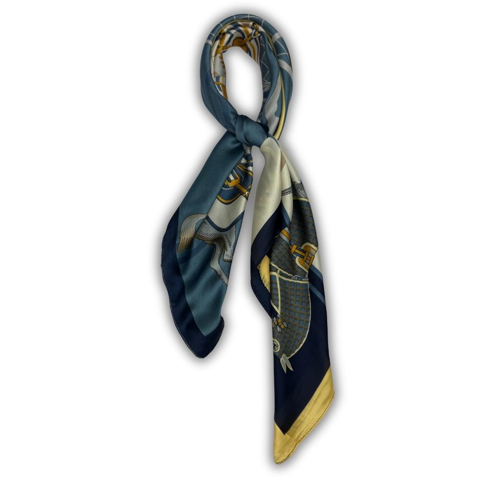 Navy Blue, Beige & Yellow Pure Microfiber Scarf For Women with Equestrian Horse Print