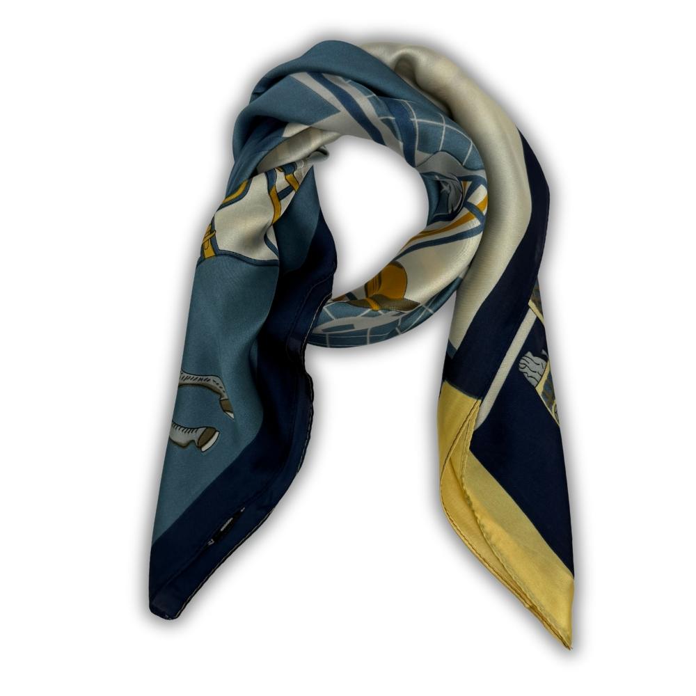 Navy Blue, Beige & Yellow Pure Microfiber Scarf For Women with Equestrian Horse Print