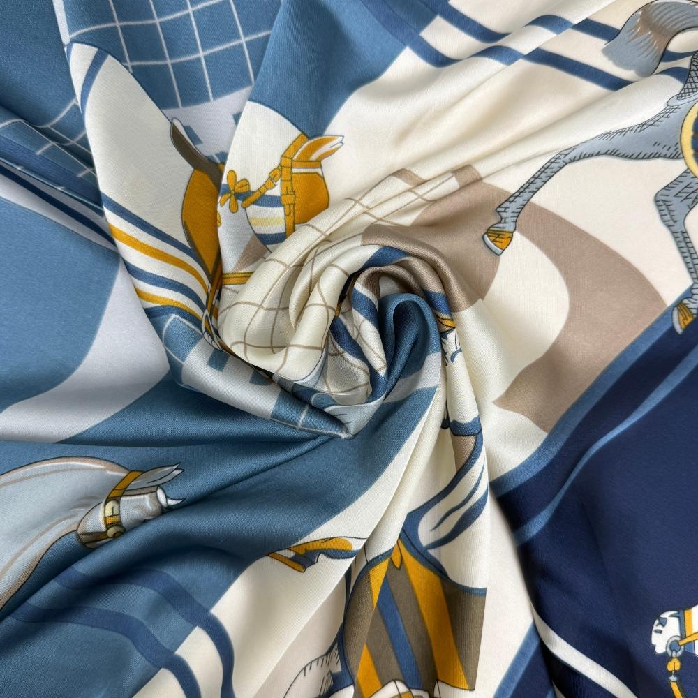 Navy Blue, Beige & Yellow Pure Microfiber Scarf For Women with Equestrian Horse Print