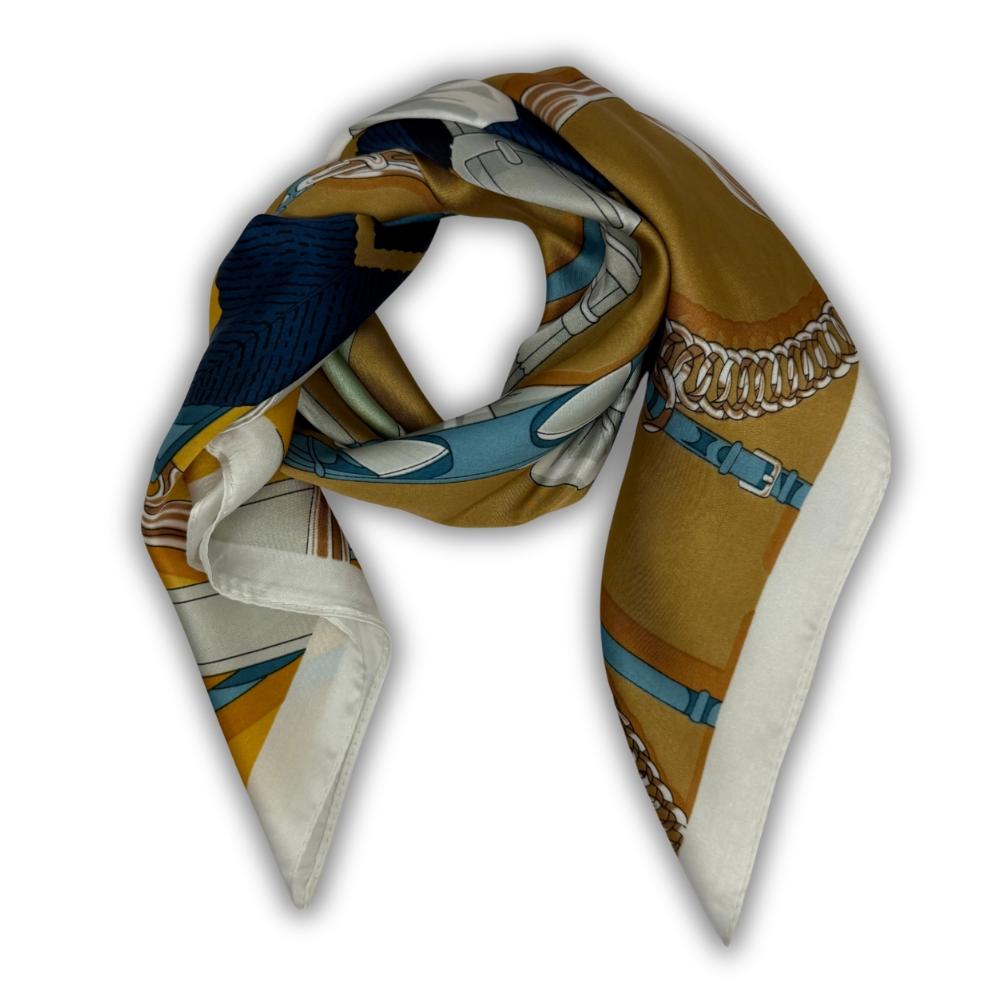 Mustard Yellow & Blue Pure Microfiber Scarf For Women with Harness Floral Print