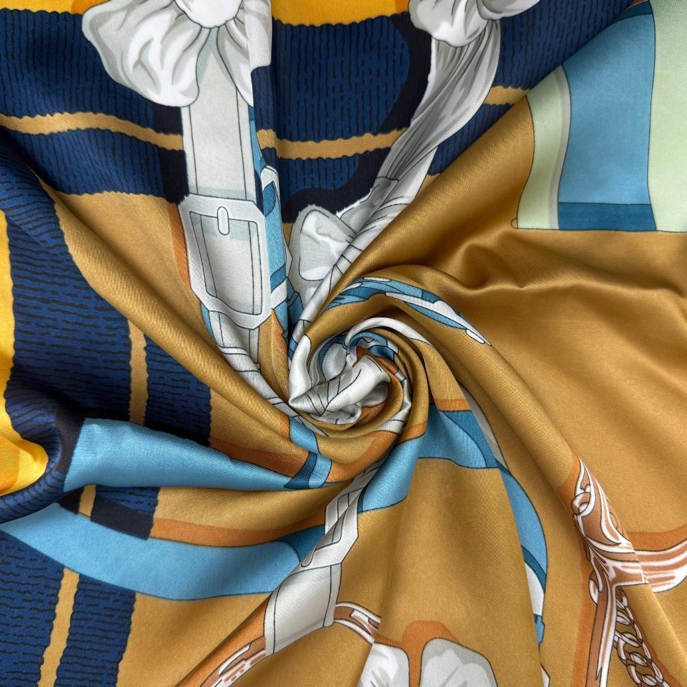 Mustard Yellow & Blue Pure Microfiber Scarf For Women with Harness Floral Print