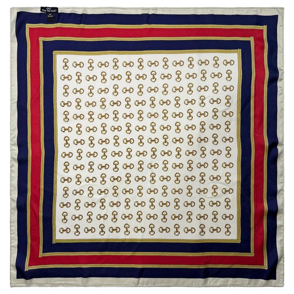Navy Blue & Red Pure Microfiber Scarf For Women with Gold Chain Print