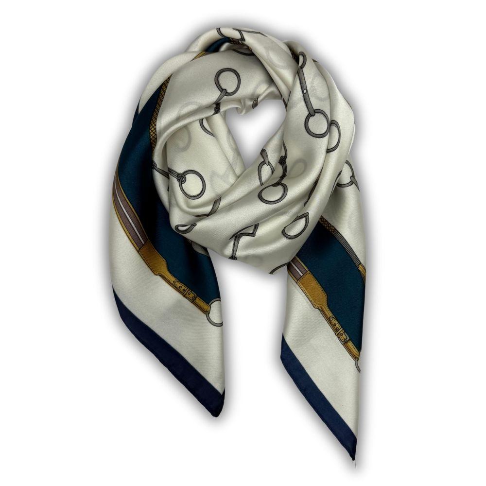 Navy Blue & Ivory Pure Microfiber Scarf For Women with Equestrian Bit Print