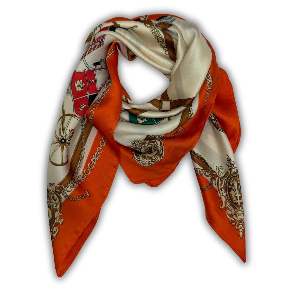 Orange & Ivory Pure Microfiber Scarf For Women with Vintage Carriage Print
