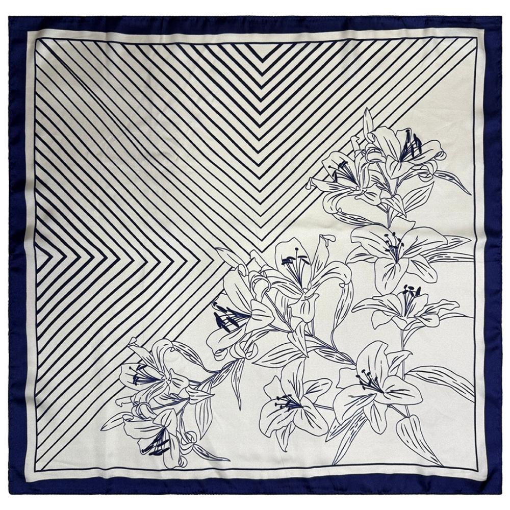 Navy Blue & Off White Soft Finish Pure Microfiber Neckerchief For Men with Striped and Lily Line Art