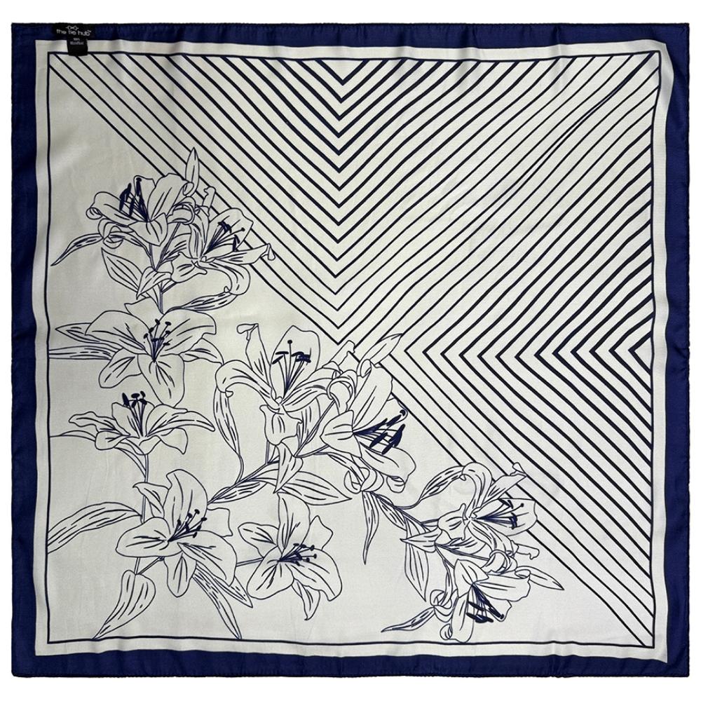 Navy Blue & Off White Soft Finish Pure Microfiber Neckerchief For Men with Striped and Lily Line Art