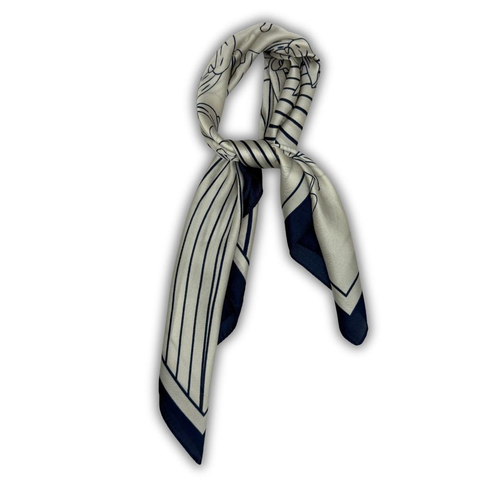 Navy Blue & Off White Soft Finish Pure Microfiber Neckerchief For Men with Striped and Lily Line Art