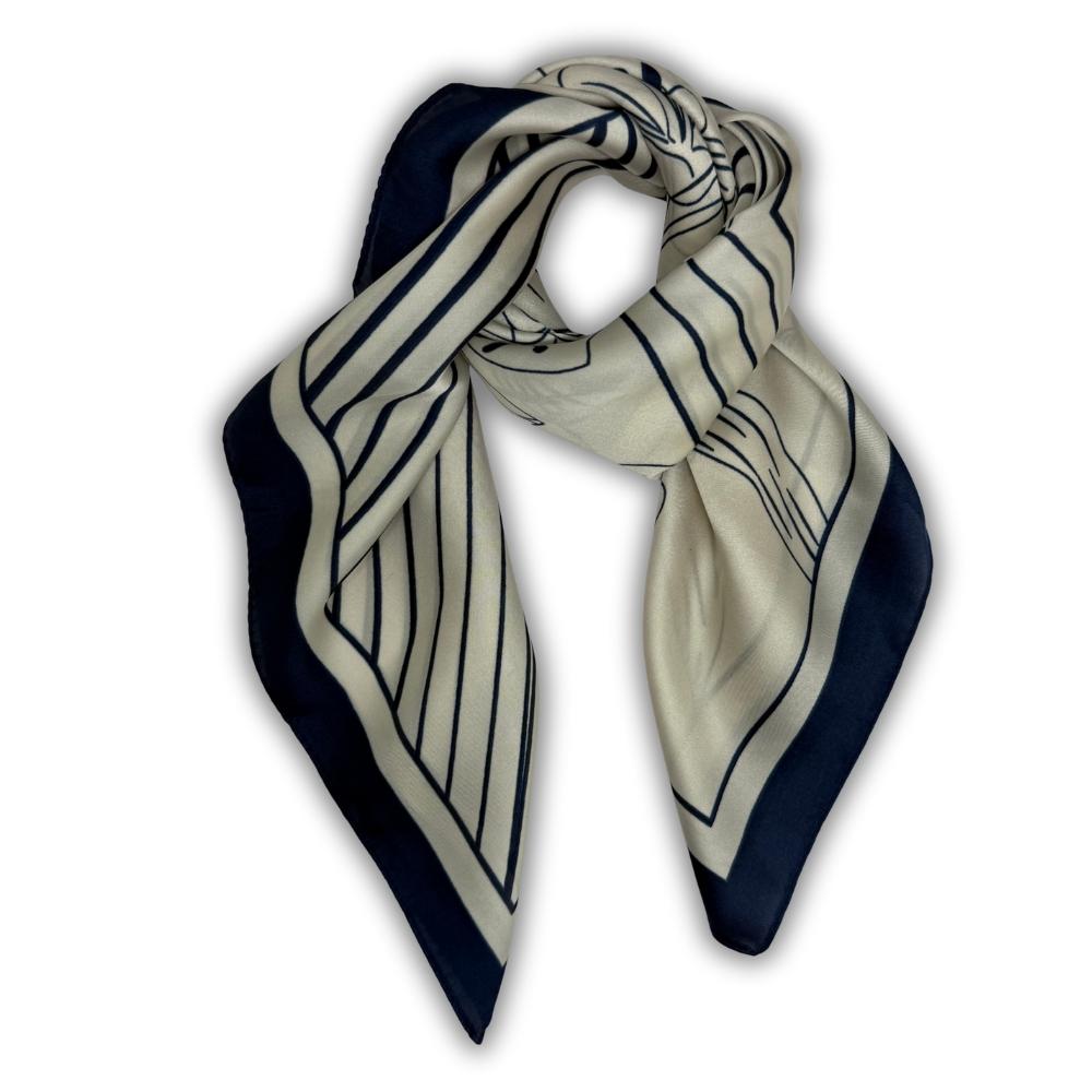 Navy Blue & Off White Soft Finish Pure Microfiber Neckerchief For Men with Striped and Lily Line Art