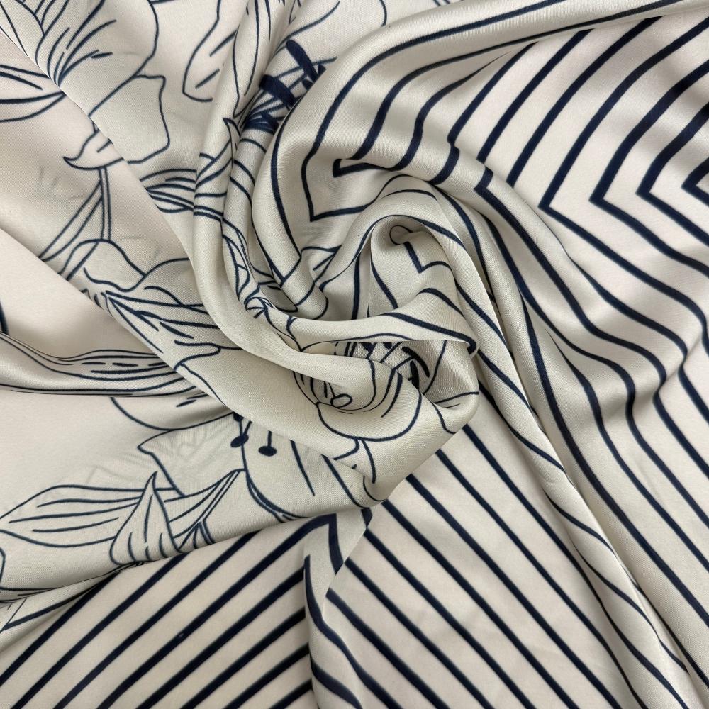 Navy Blue & Off White Soft Finish Pure Microfiber Neckerchief For Men with Striped and Lily Line Art