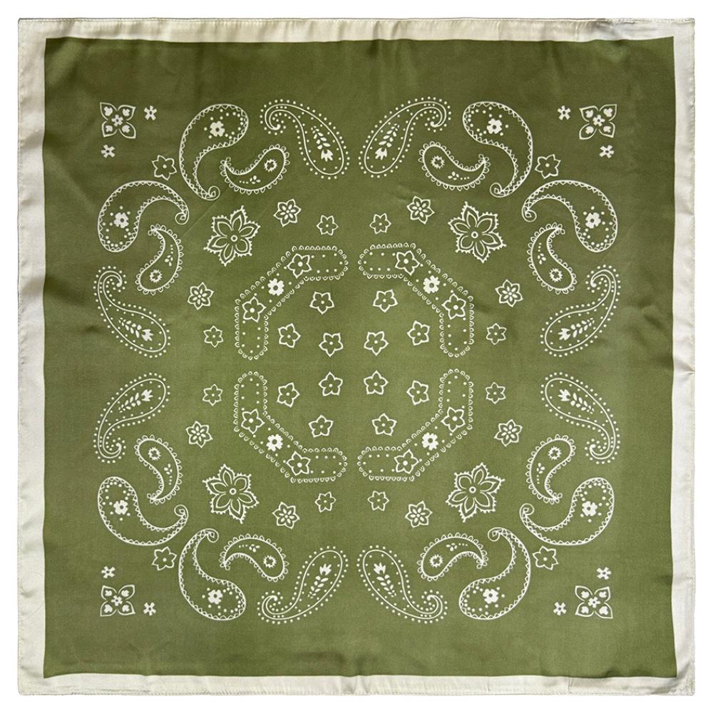 Olive Green & Off White Soft Finish Pure Microfiber Neckerchief For Men with Paisley Bandana Print