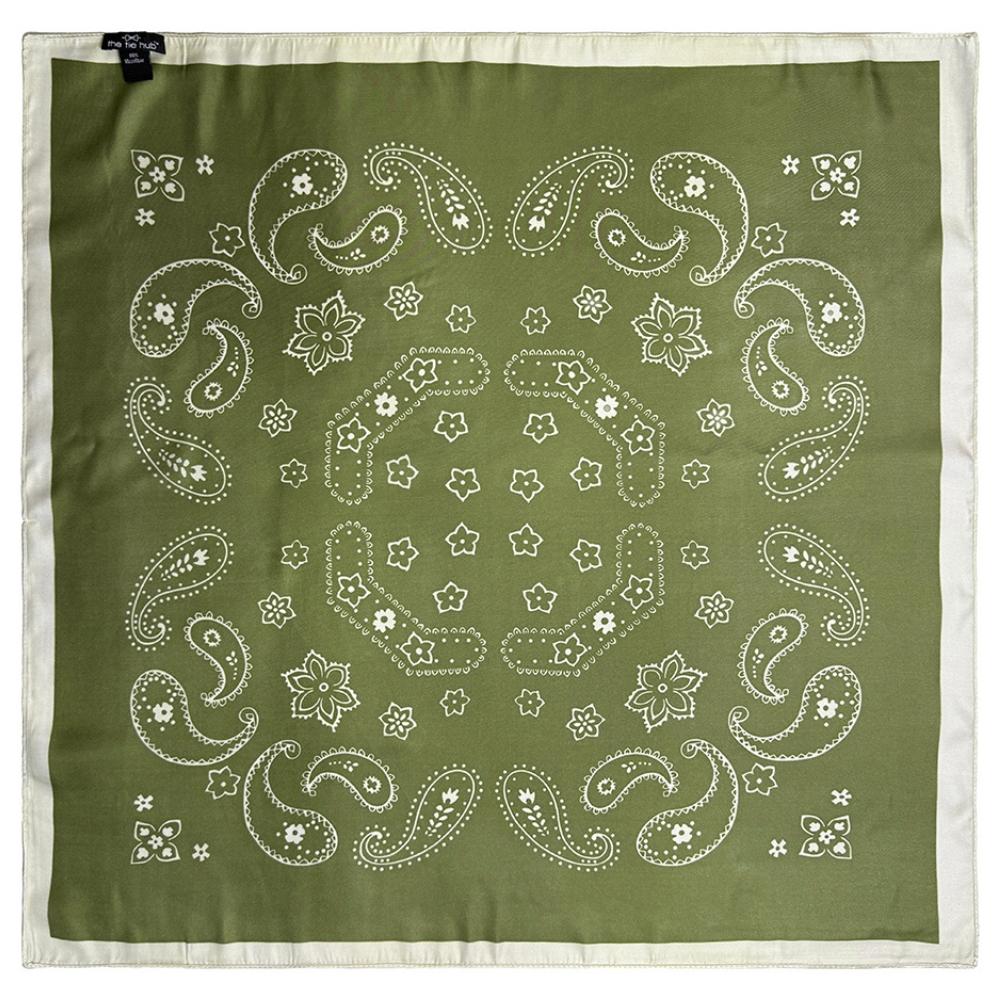 Olive Green & Off White Soft Finish Pure Microfiber Neckerchief For Men with Paisley Bandana Print