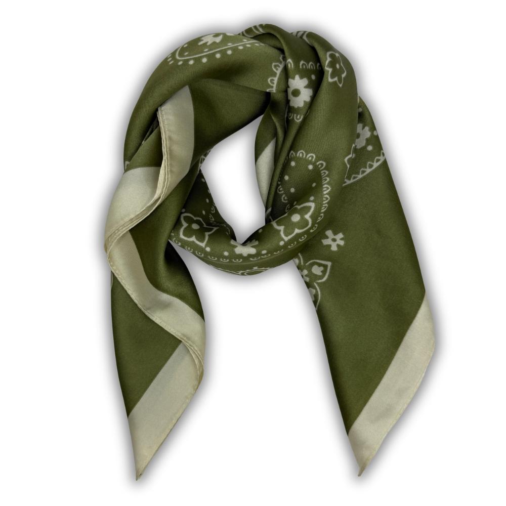 Olive Green & Off White Soft Finish Pure Microfiber Neckerchief For Men with Paisley Bandana Print