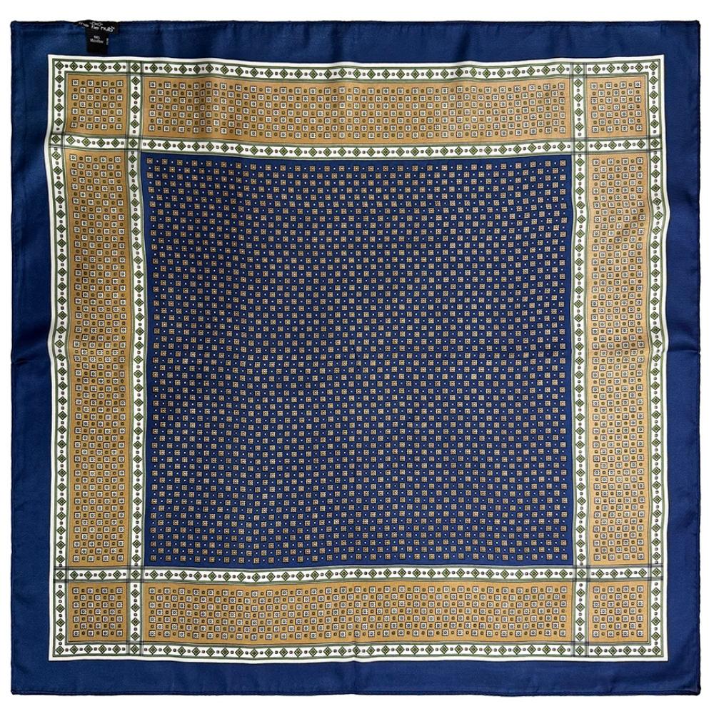 Navy Blue & Beige Soft Finish Pure Microfiber Neckerchief For Men with Micro Geometric Border Print