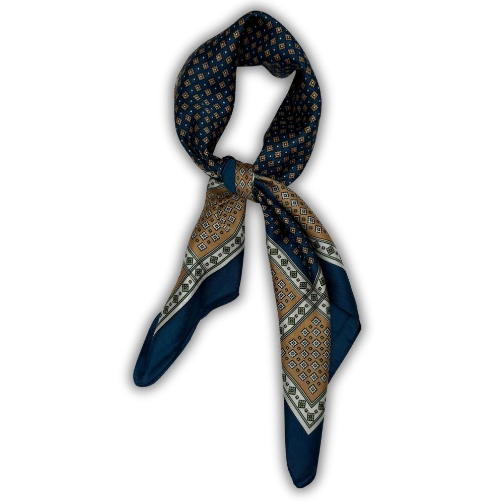 Navy Blue & Beige Soft Finish Pure Microfiber Neckerchief For Men with Micro Geometric Border Print