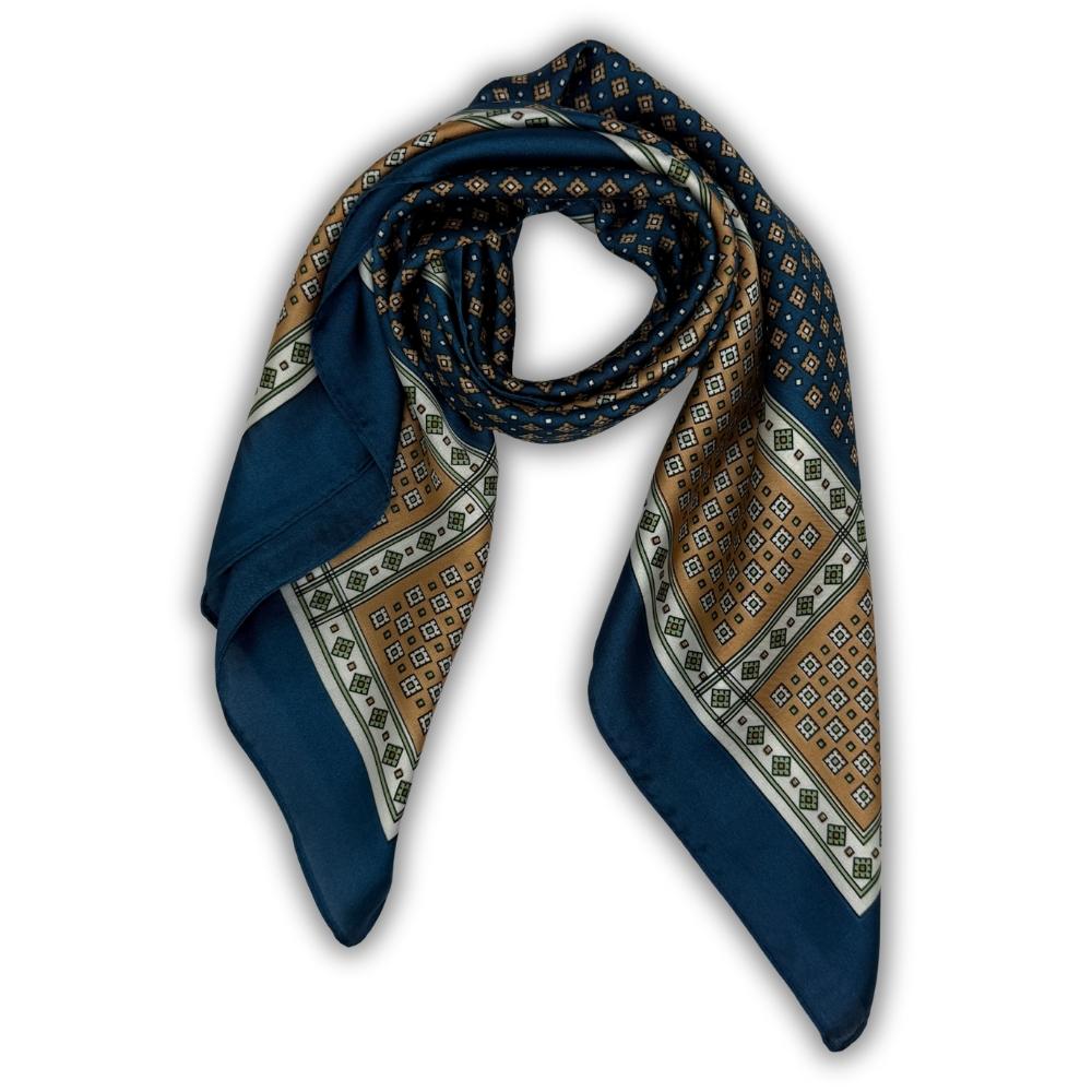 Navy Blue & Beige Soft Finish Pure Microfiber Neckerchief For Men with Micro Geometric Border Print