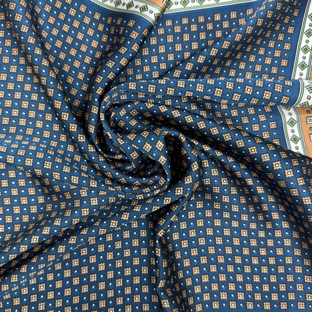 Navy Blue & Beige Soft Finish Pure Microfiber Neckerchief For Men with Micro Geometric Border Print