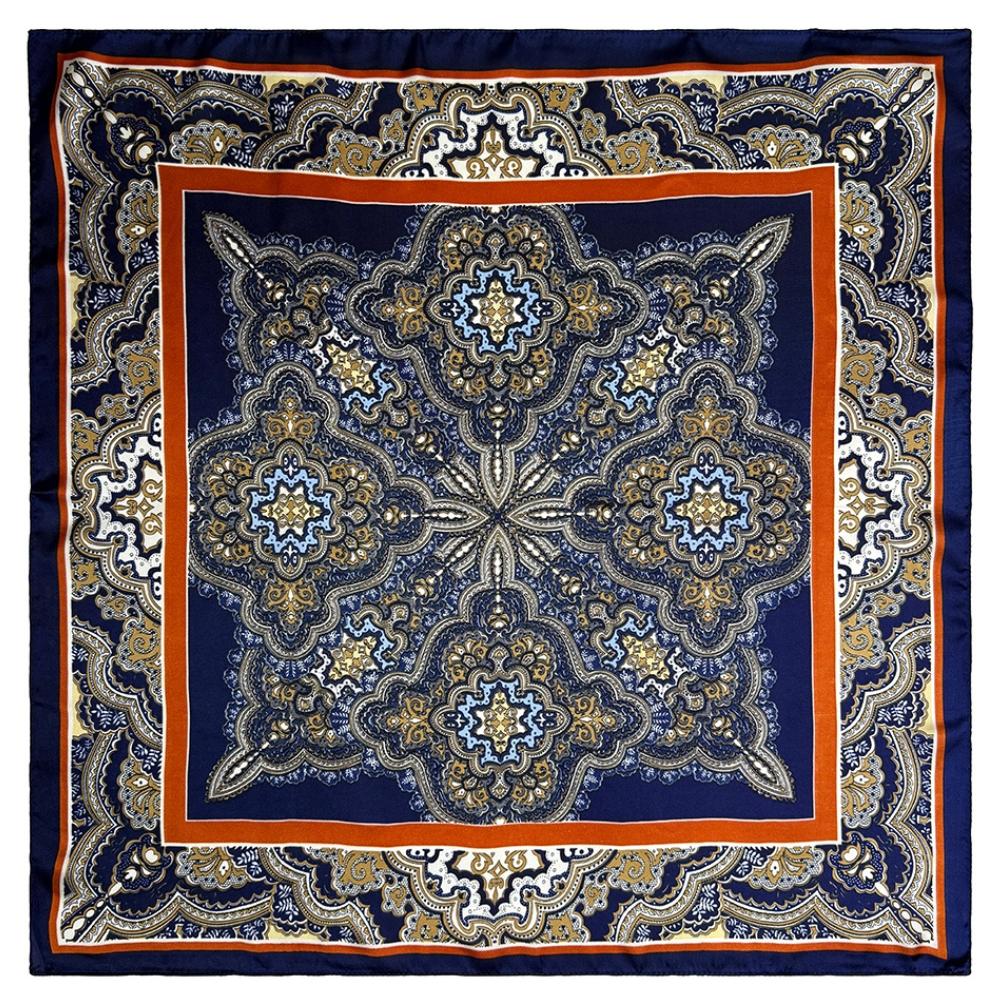 Navy Blue & Rust Pure Microfiber Neckerchief For Men with Ornamental Medallion Prin