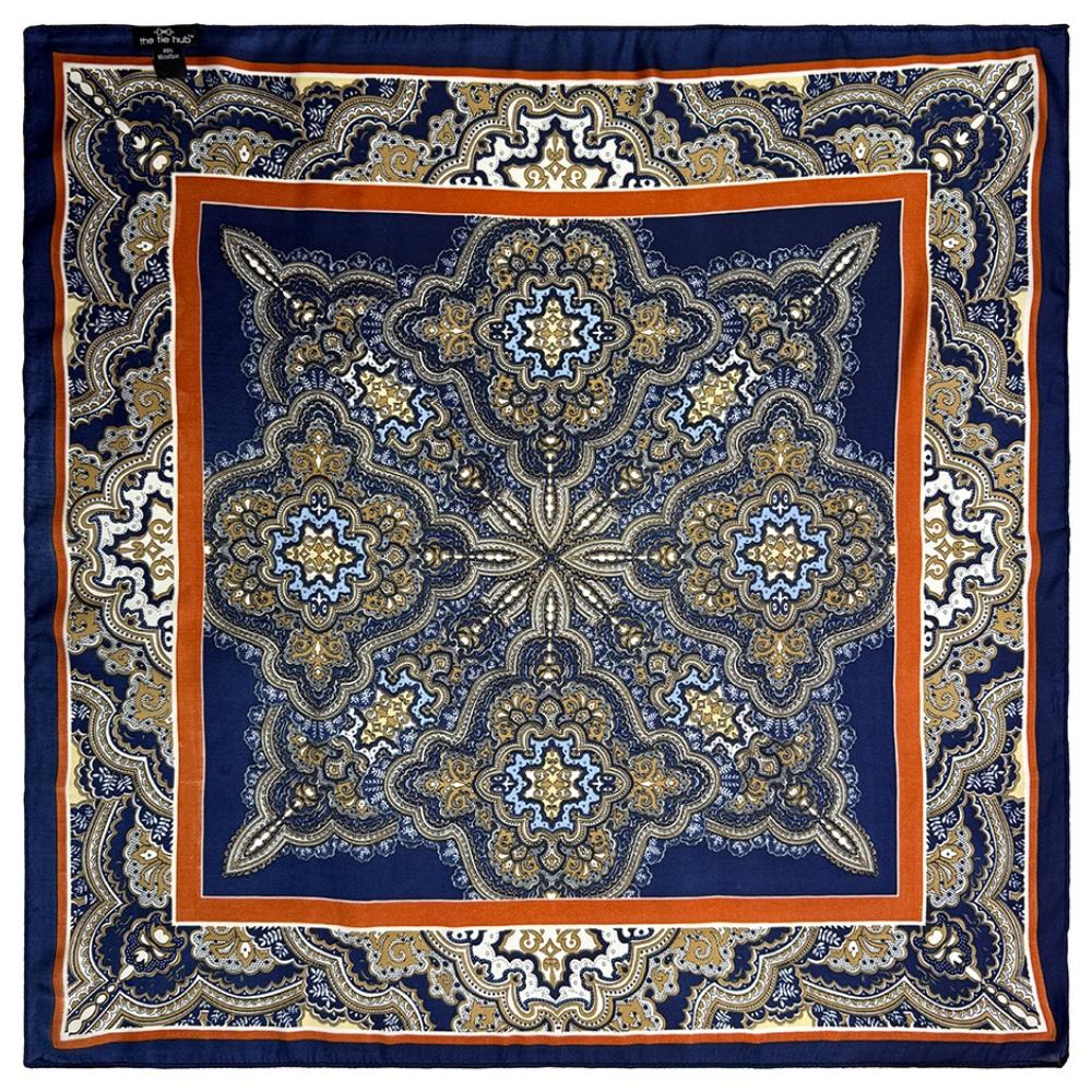 Navy Blue & Rust Pure Microfiber Neckerchief For Men with Ornamental Medallion Prin