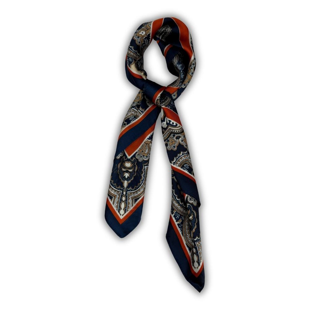 Navy Blue & Rust Pure Microfiber Neckerchief For Men with Ornamental Medallion Prin