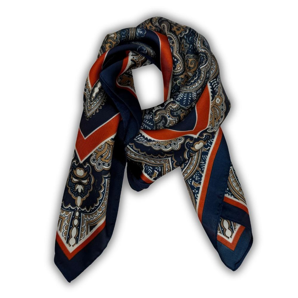 Navy Blue & Rust Pure Microfiber Neckerchief For Men with Ornamental Medallion Prin