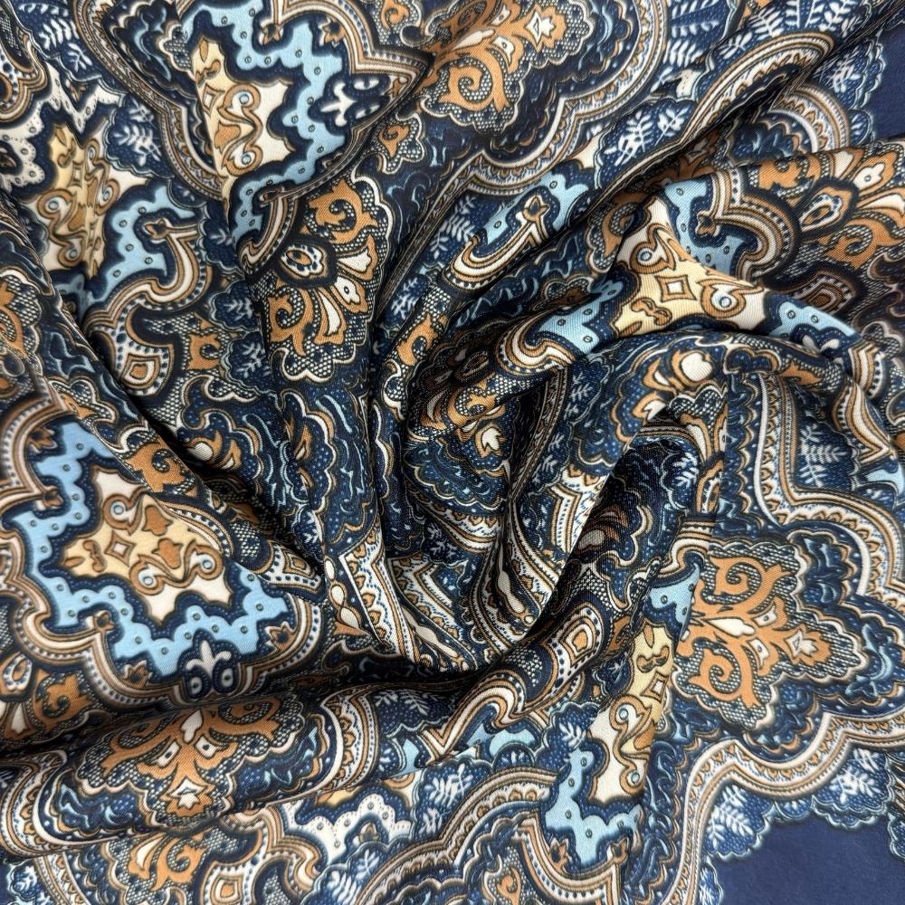Navy Blue & Rust Pure Microfiber Neckerchief For Men with Ornamental Medallion Prin