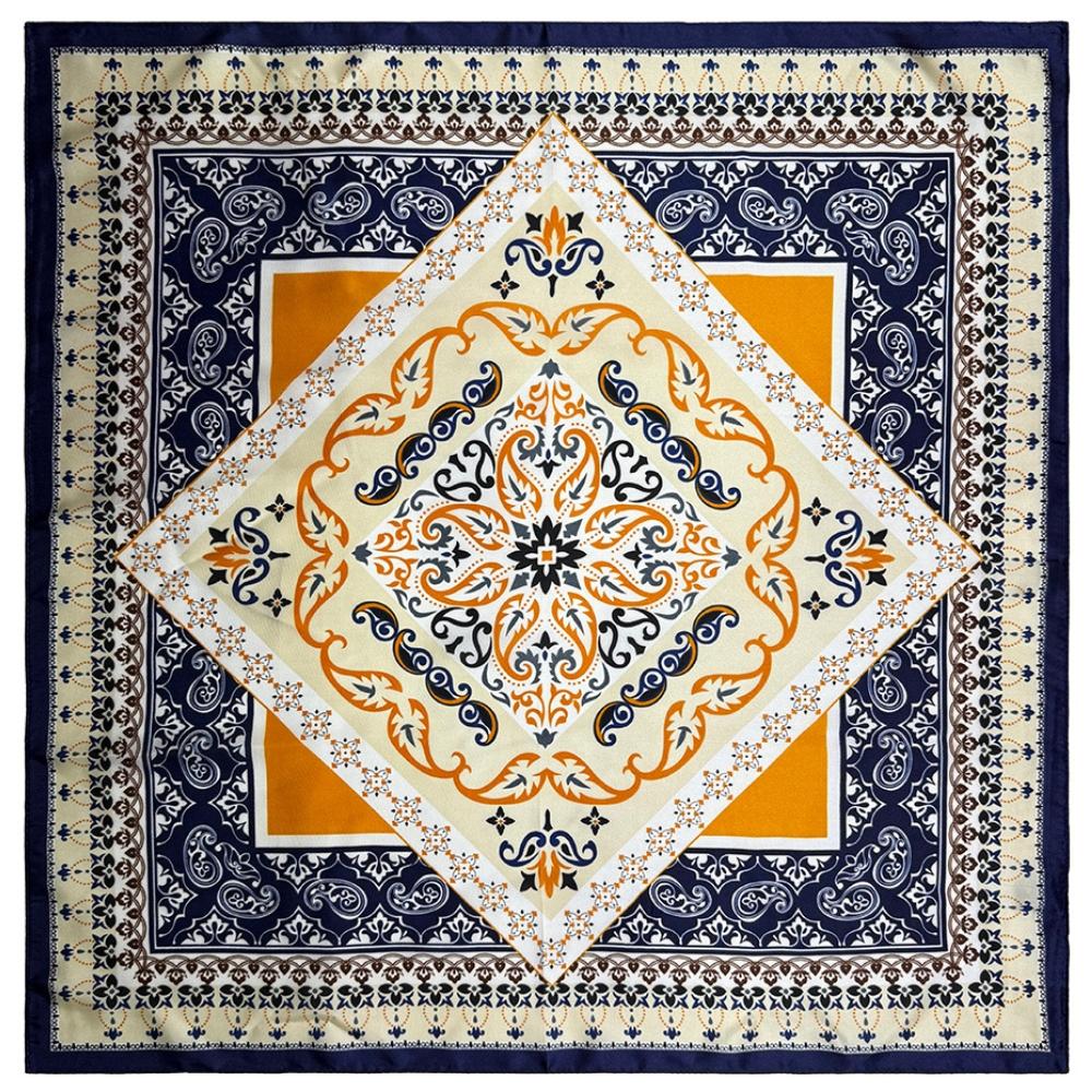 Navy Blue & Mustard Soft Finish Pure Microfiber Neckerchief For Men with Ornate Medallion Print