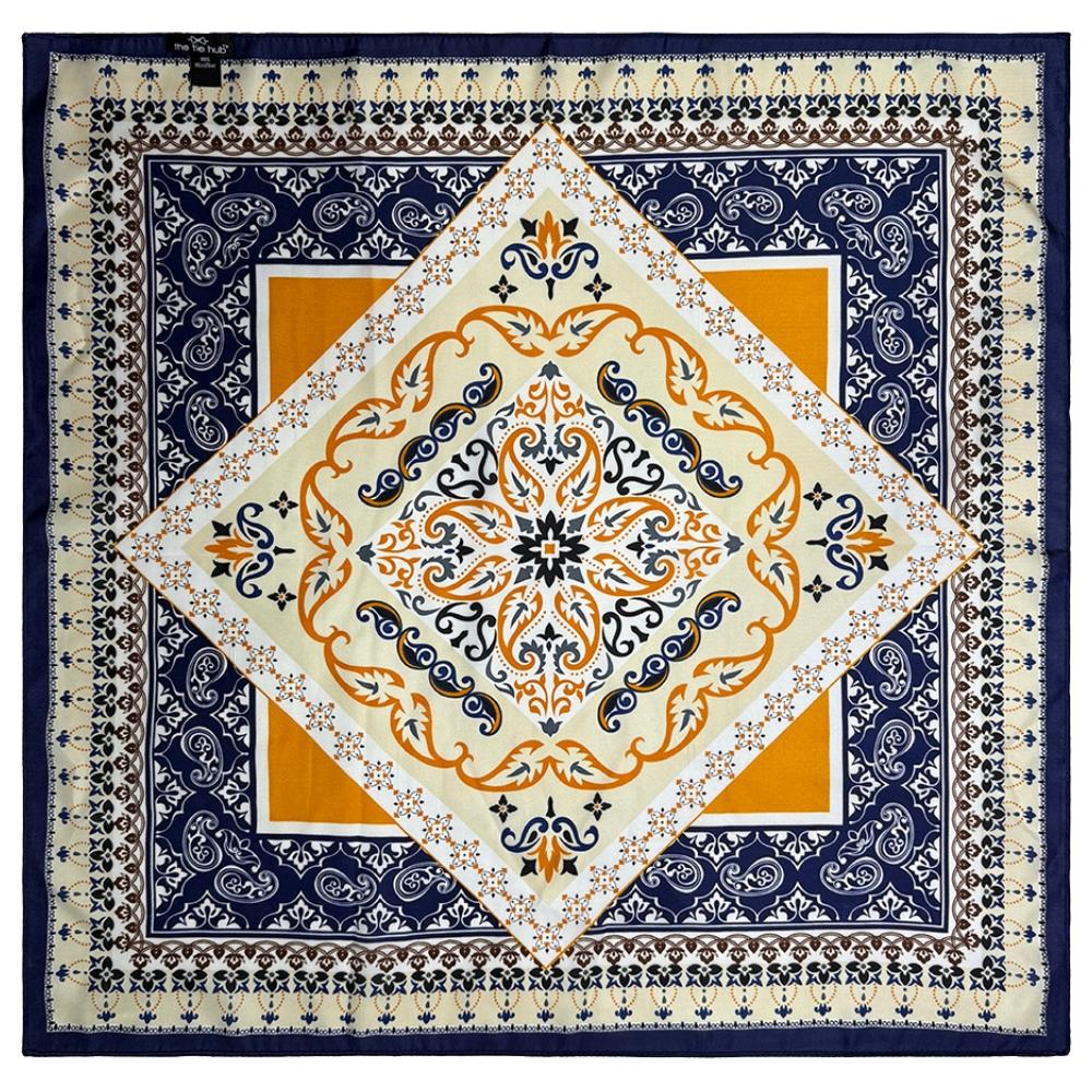 Navy Blue & Mustard Soft Finish Pure Microfiber Neckerchief For Men with Ornate Medallion Print