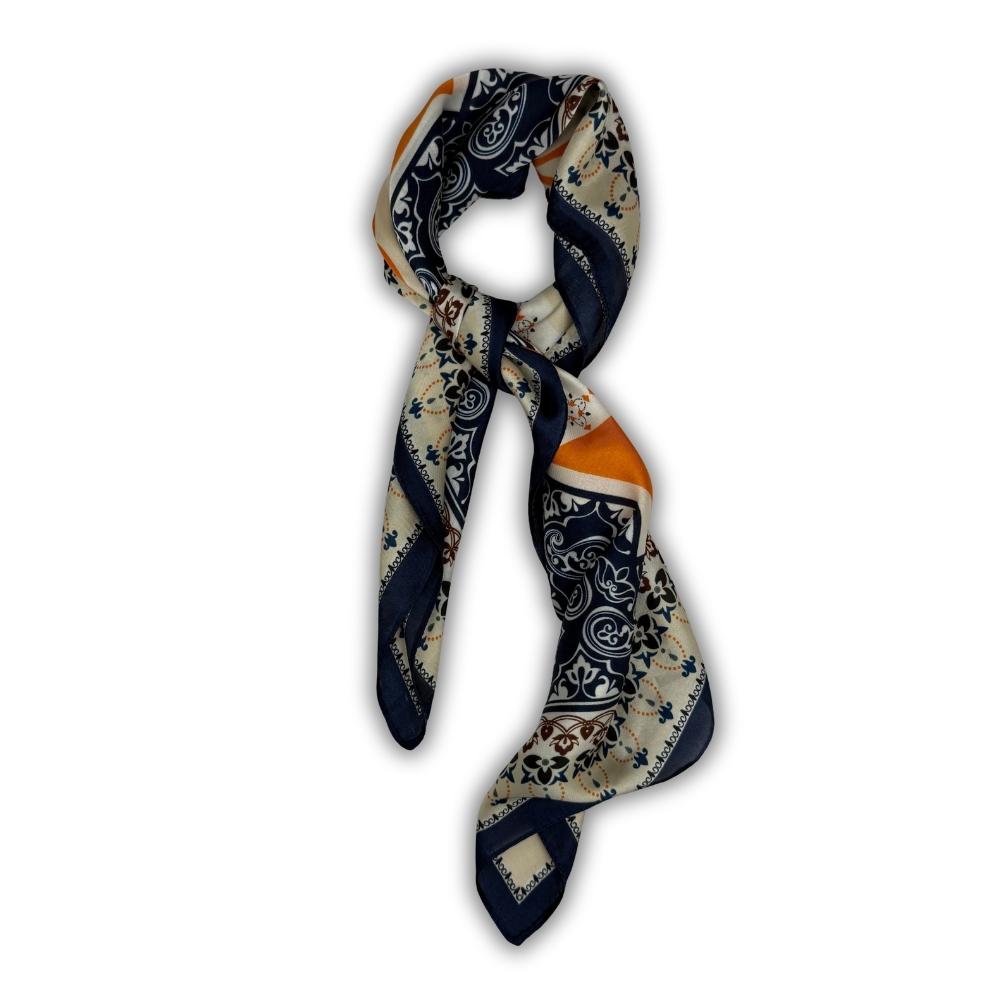 Navy Blue & Mustard Soft Finish Pure Microfiber Neckerchief For Men with Ornate Medallion Print