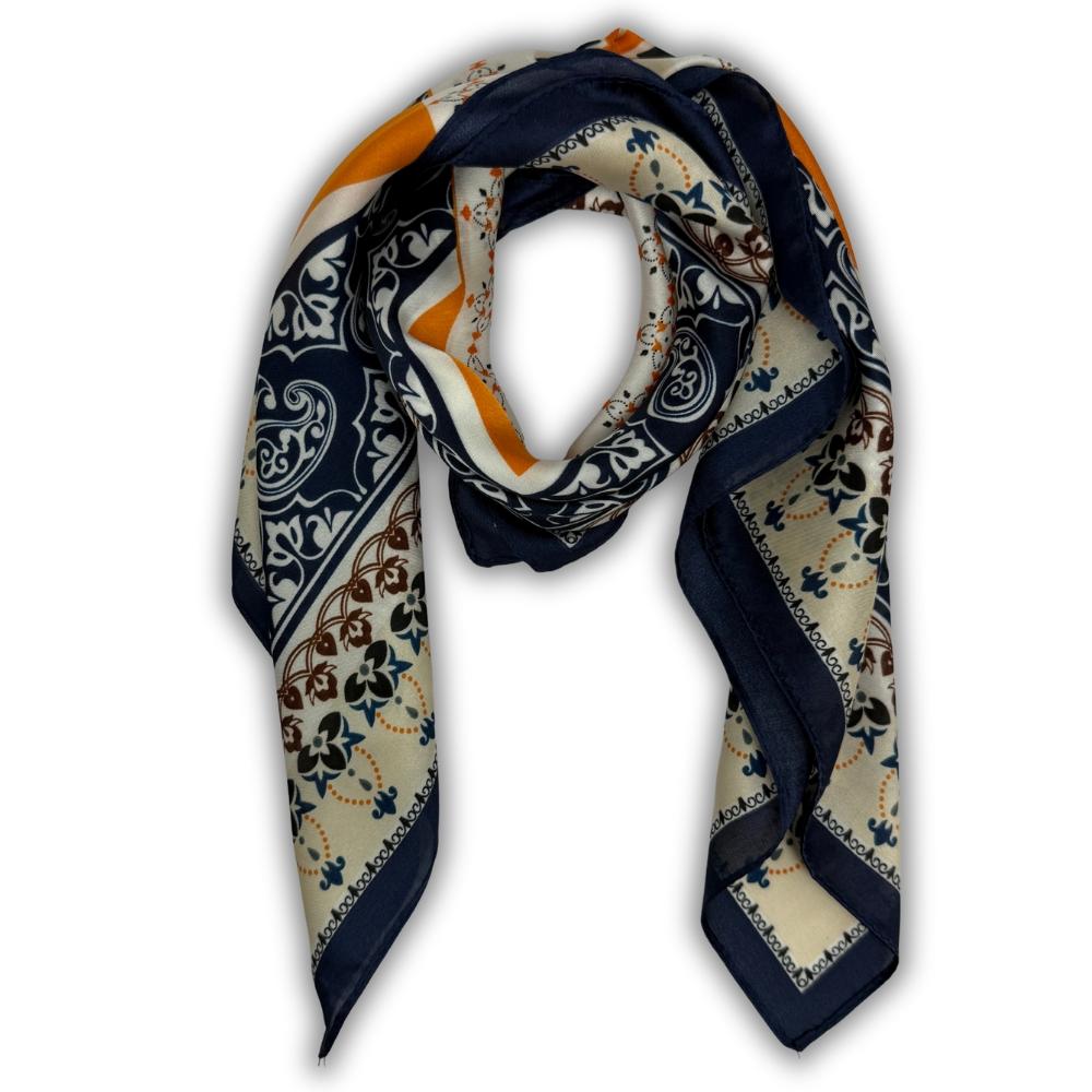 Navy Blue & Mustard Soft Finish Pure Microfiber Neckerchief For Men with Ornate Medallion Print