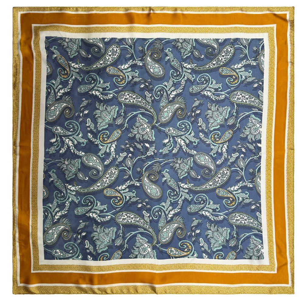 Mustard & Blue Soft Finish Pure Microfiber Neckerchief For Men with Paisley Print with Mustard Border