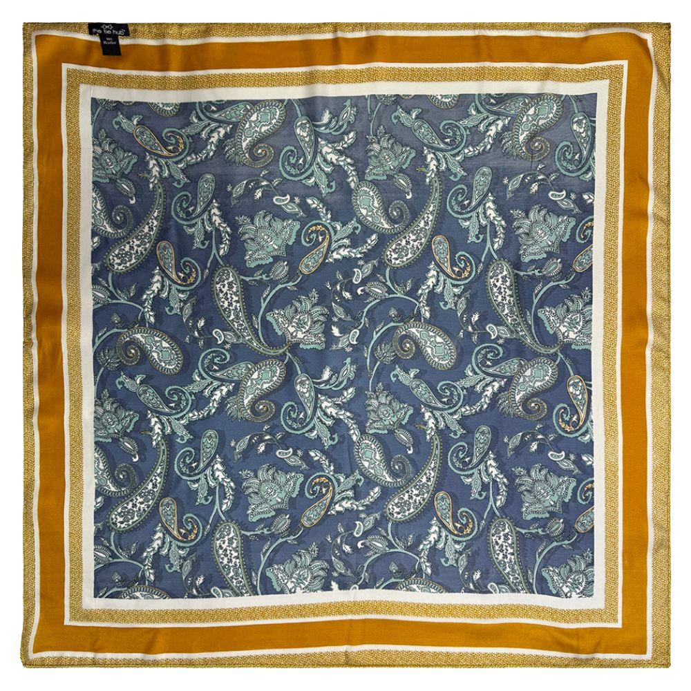 Mustard & Blue Soft Finish Pure Microfiber Neckerchief For Men with Paisley Print with Mustard Border