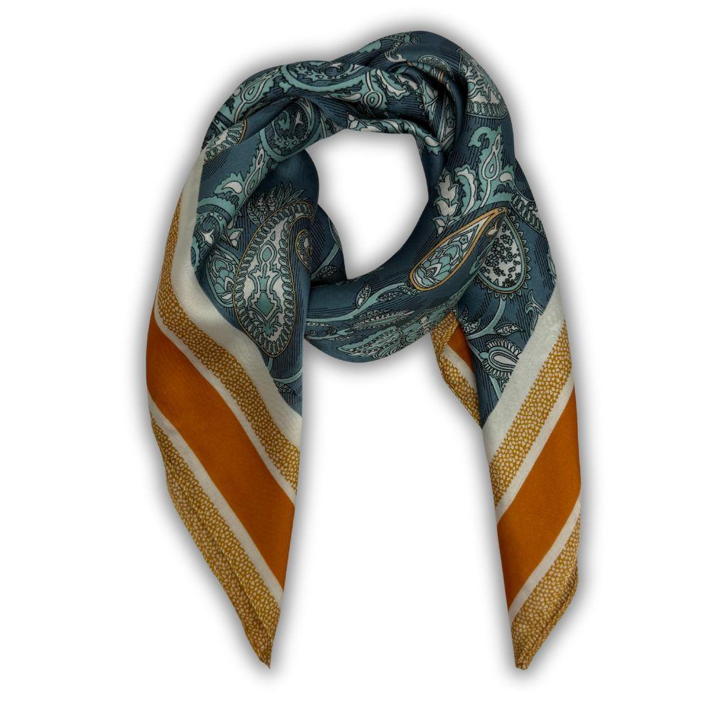 Mustard & Blue Soft Finish Pure Microfiber Neckerchief For Men with Paisley Print with Mustard Border