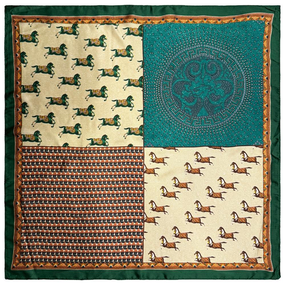 Dark Green & Teal Soft Finish Pure Microfiber Neckerchief For Men with Horse Patchwork Print