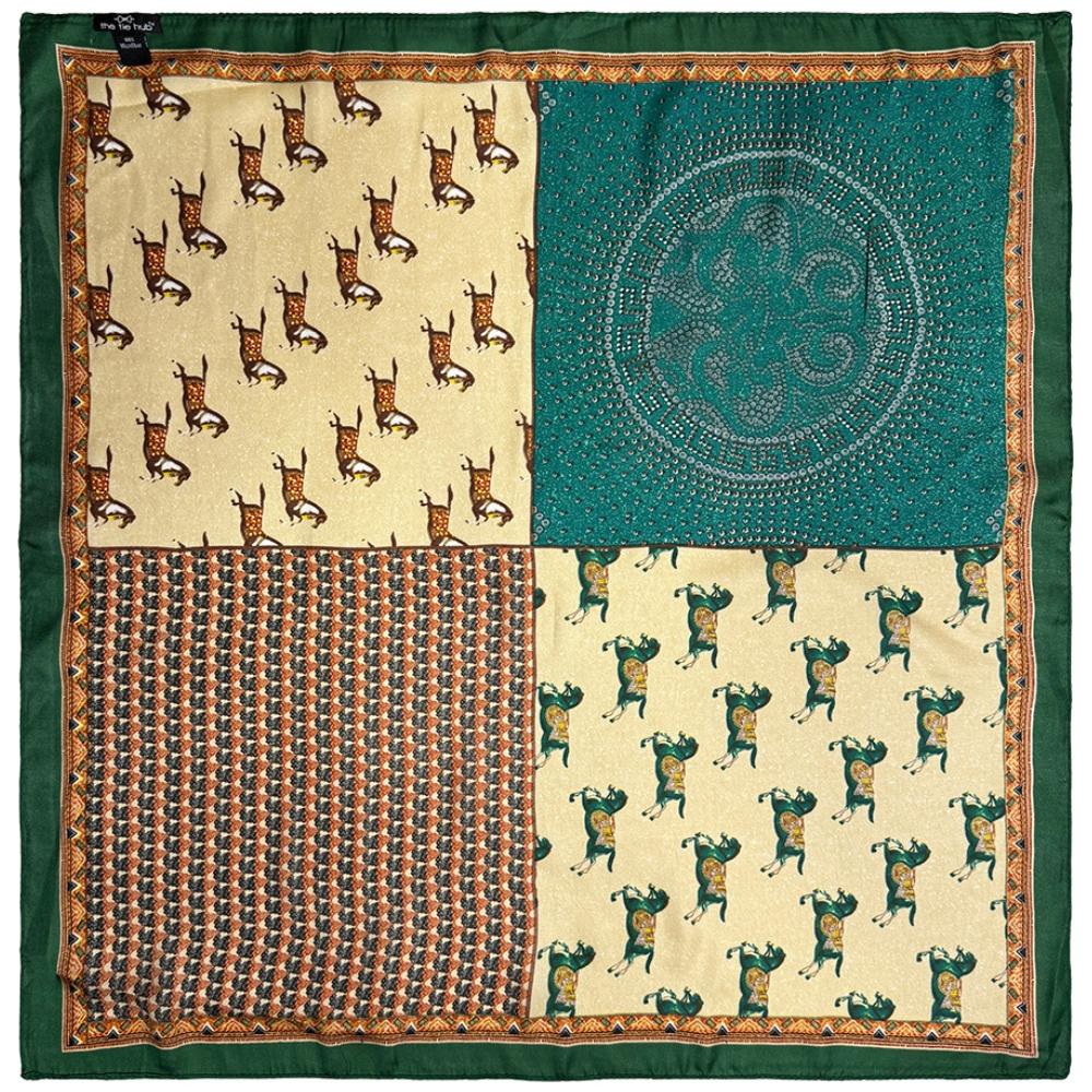 Dark Green & Teal Soft Finish Pure Microfiber Neckerchief For Men with Horse Patchwork Print