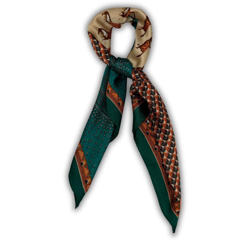 Dark Green & Teal Soft Finish Pure Microfiber Neckerchief For Men with Horse Patchwork Print