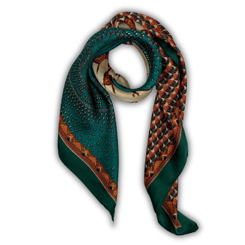 Dark Green & Teal Soft Finish Pure Microfiber Neckerchief For Men with Horse Patchwork Print
