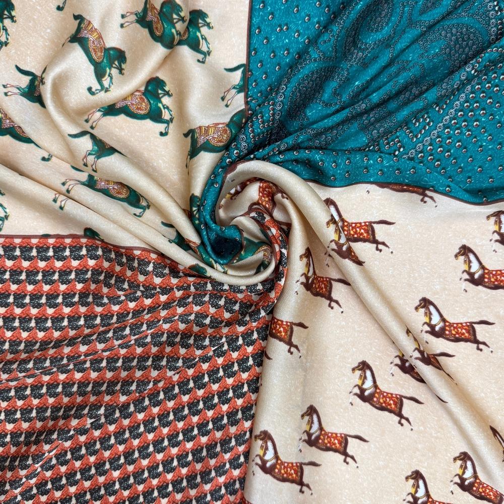 Dark Green & Teal Soft Finish Pure Microfiber Neckerchief For Men with Horse Patchwork Print