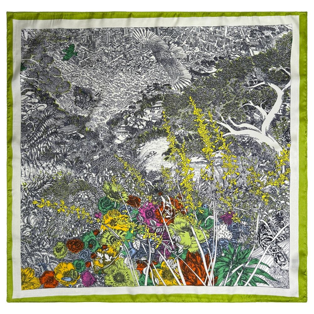 Lime Green & Multicolor Soft Finish Pure Microfiber Neckerchief For Men with Scenic Floral Illustration