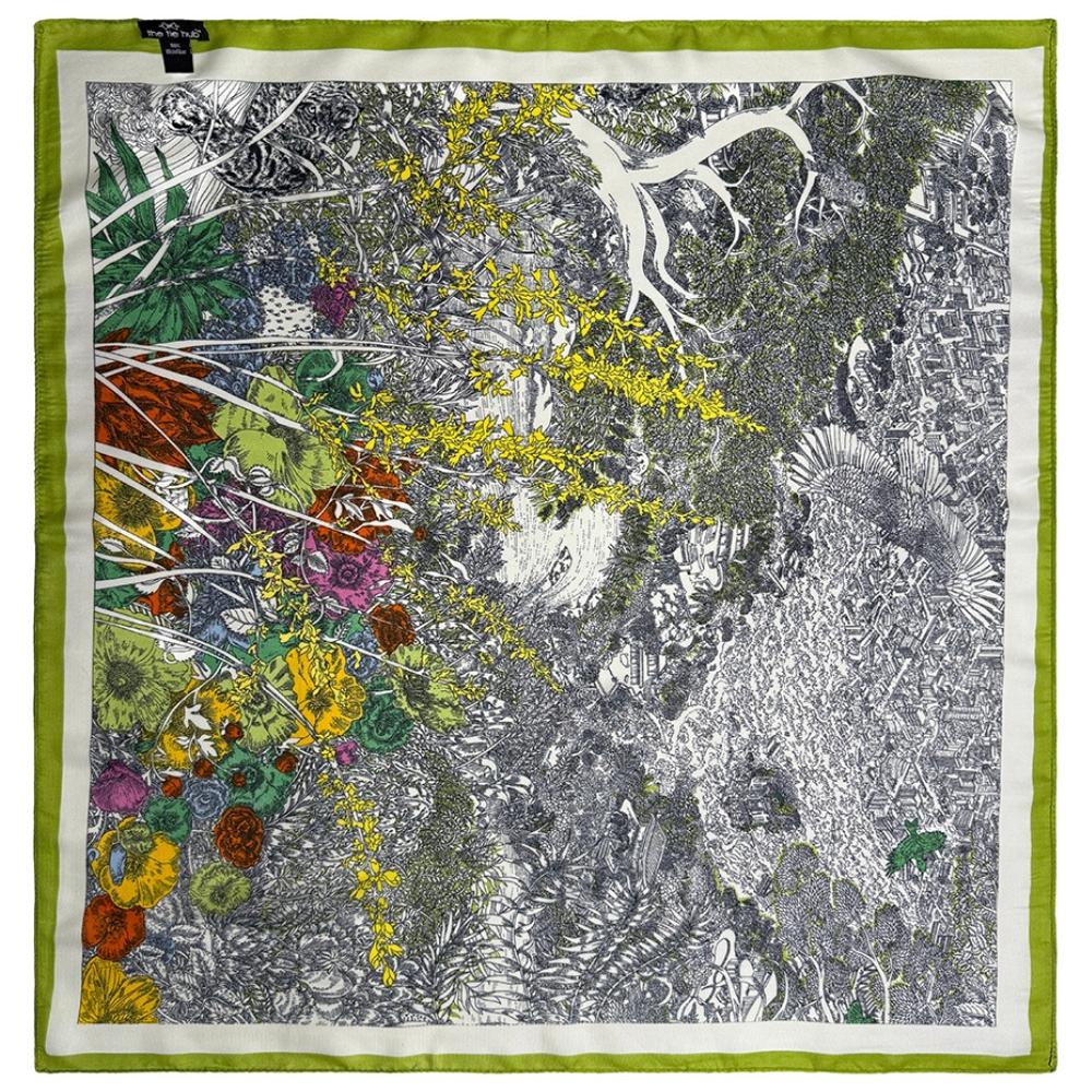 Lime Green & Multicolor Soft Finish Pure Microfiber Neckerchief For Men with Scenic Floral Illustration