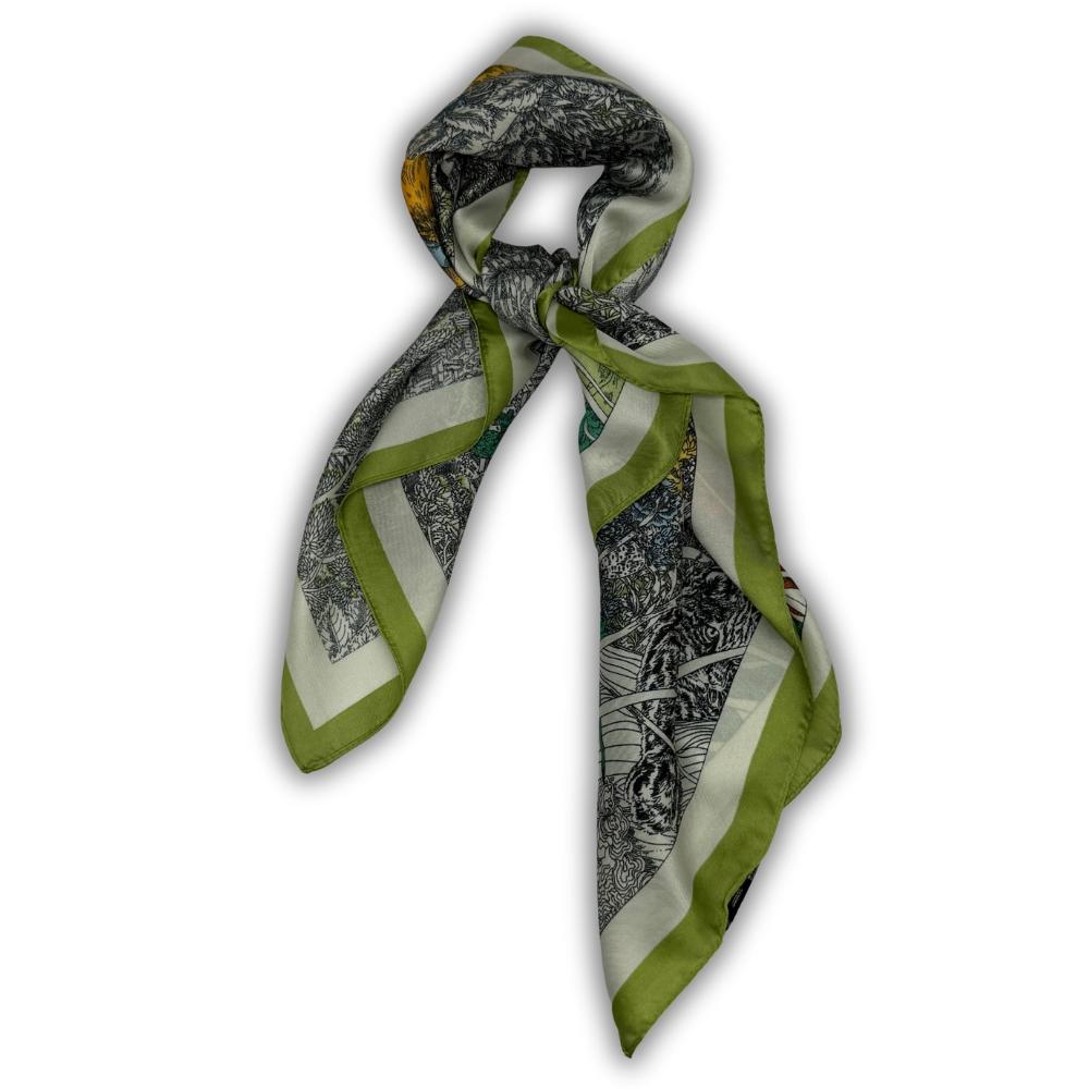 Lime Green & Multicolor Soft Finish Pure Microfiber Neckerchief For Men with Scenic Floral Illustration