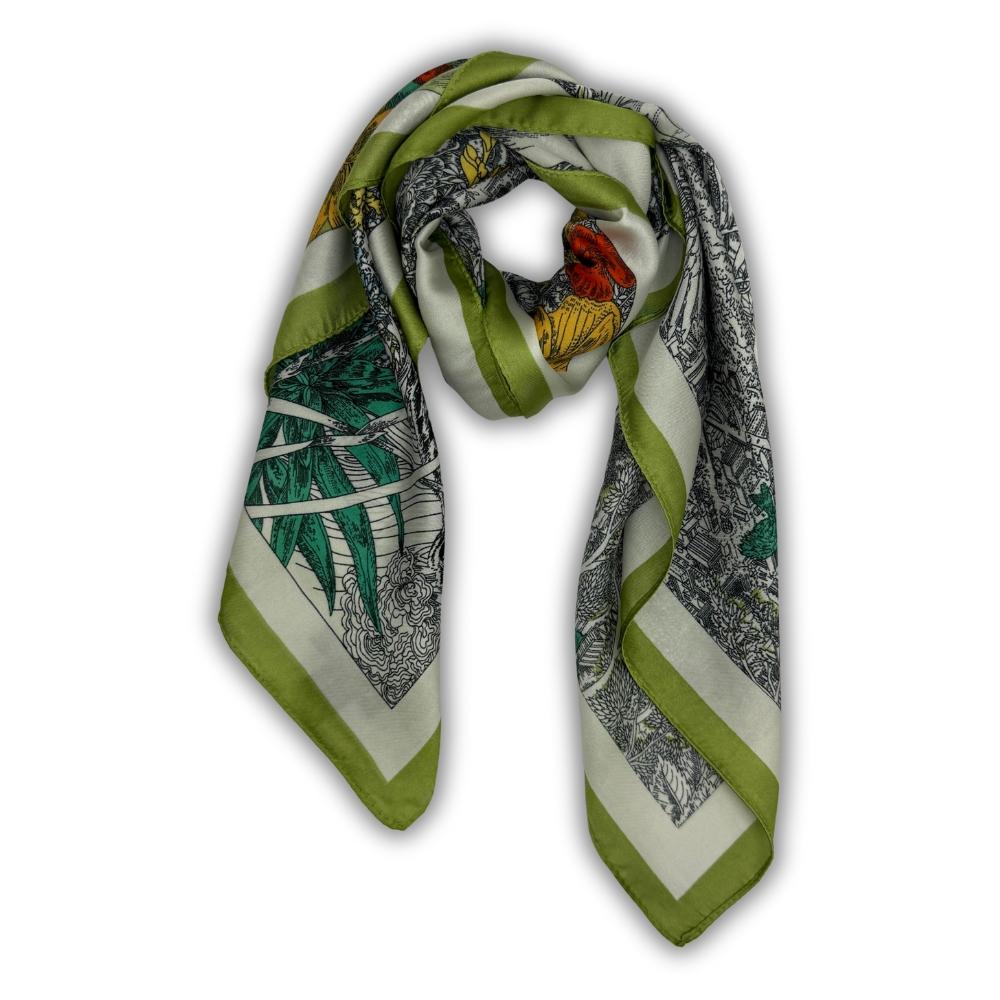 Lime Green & Multicolor Soft Finish Pure Microfiber Neckerchief For Men with Scenic Floral Illustration