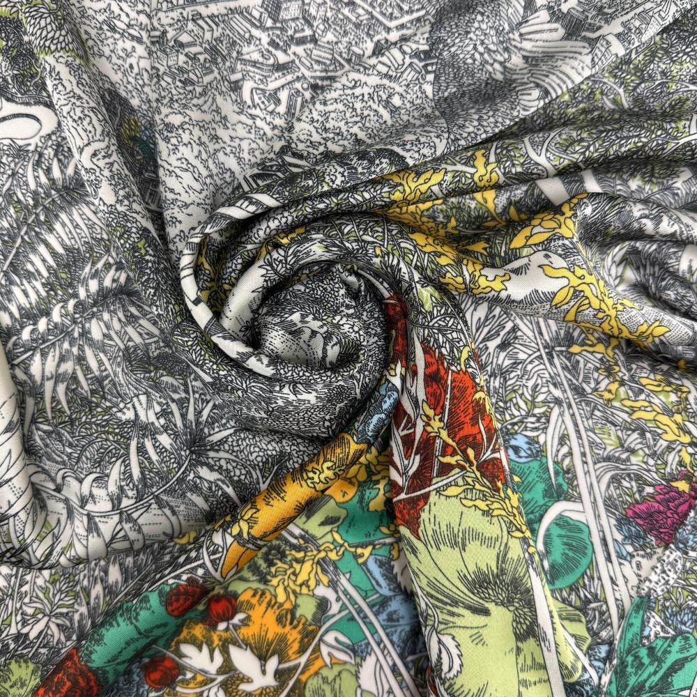 Lime Green & Multicolor Soft Finish Pure Microfiber Neckerchief For Men with Scenic Floral Illustration