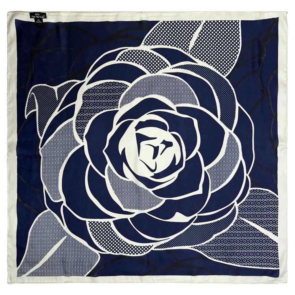 Navy Blue & Off White Soft Finish Pure Microfiber Neckerchief For Men with Bold Floral Graphic