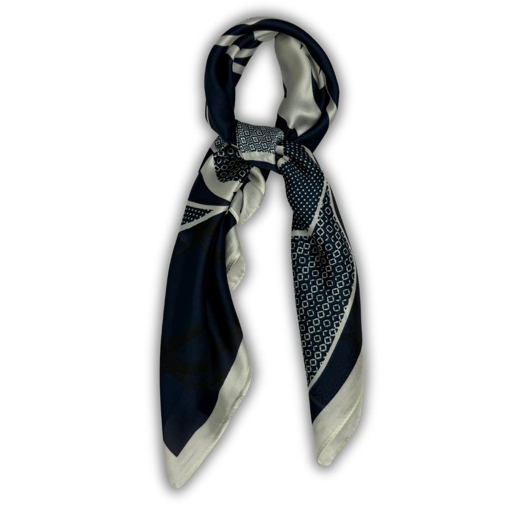 Navy Blue & Off White Soft Finish Pure Microfiber Neckerchief For Men with Bold Floral Graphic