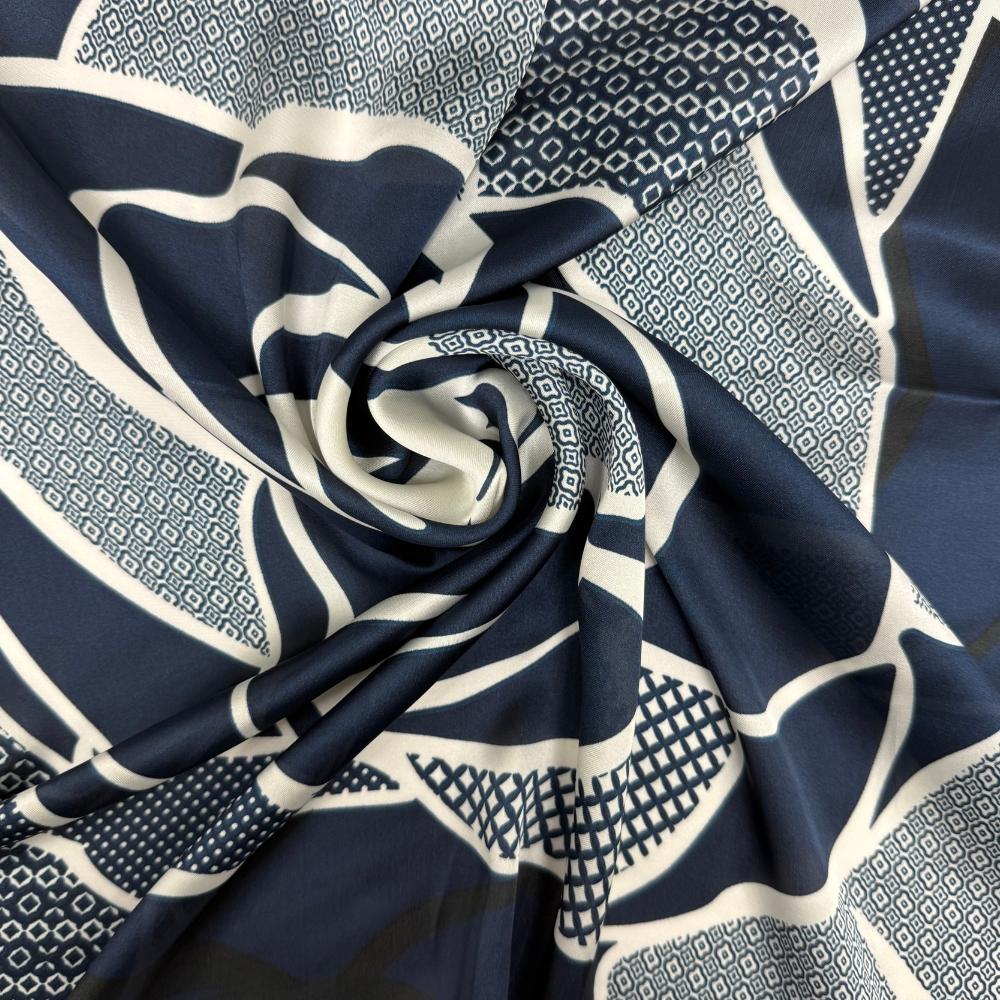 Navy Blue & Off White Soft Finish Pure Microfiber Neckerchief For Men with Bold Floral Graphic