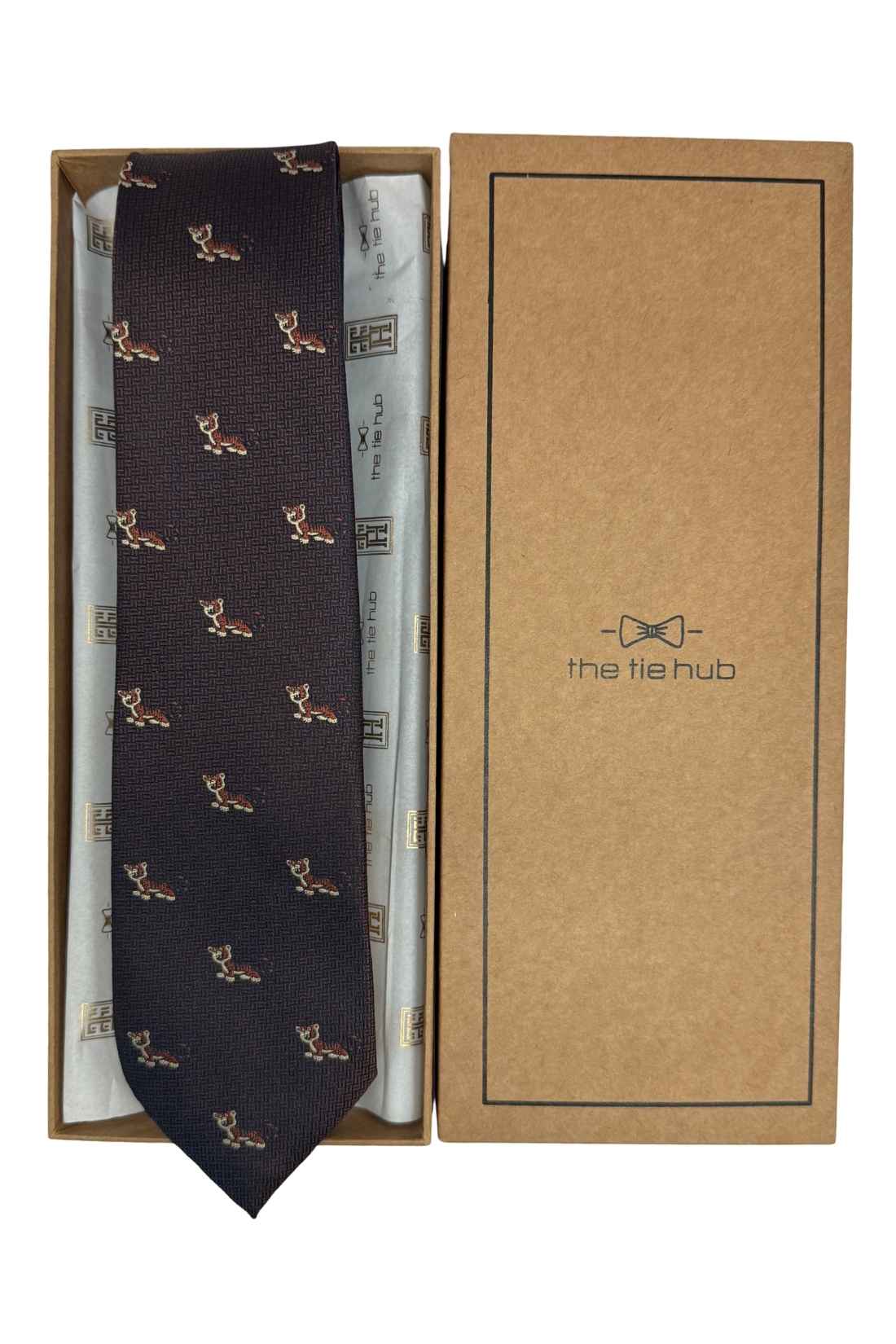Brown Tiger Motif Silk Necktie with 100% Silk