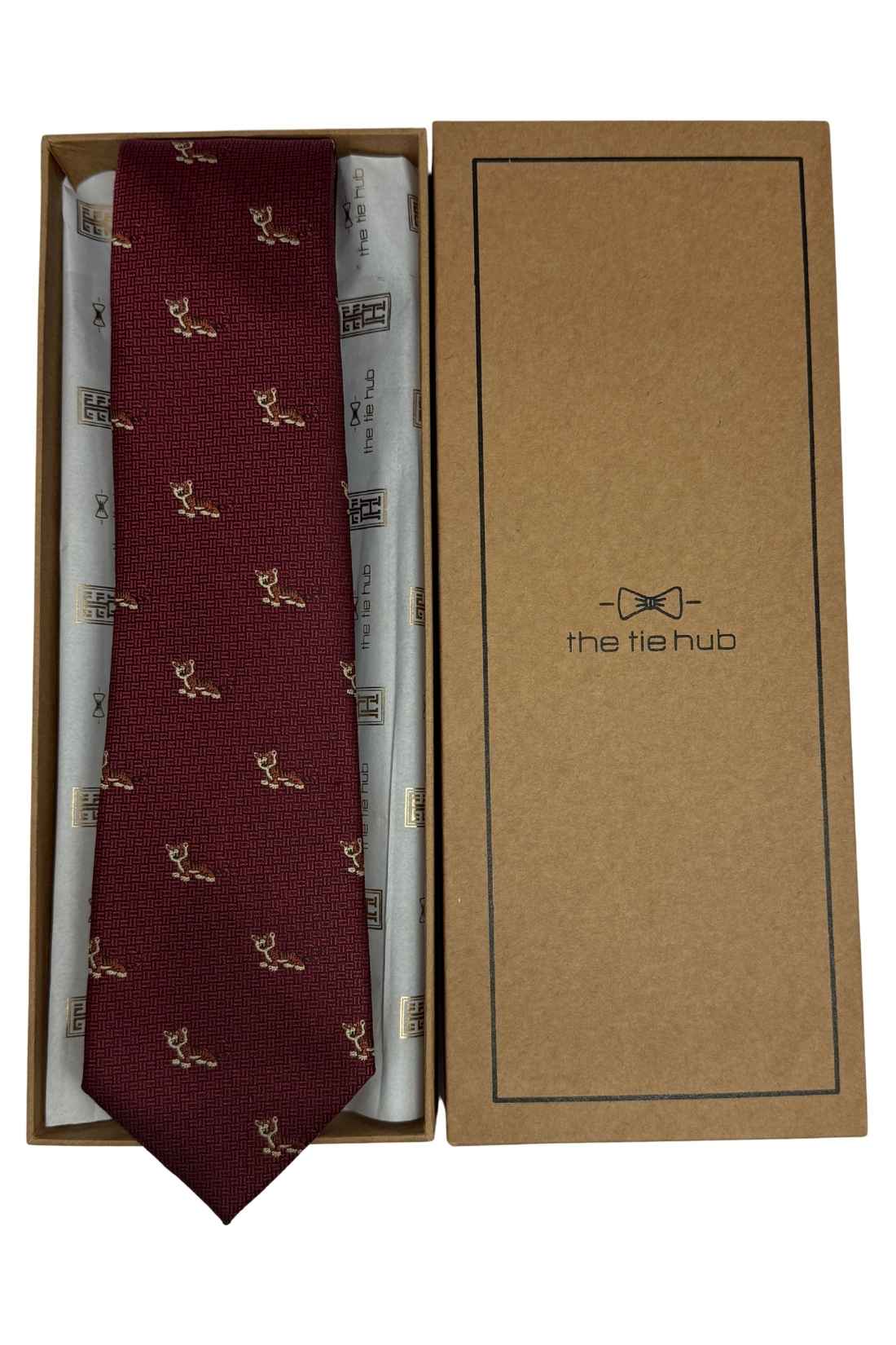 Maroon Tiger Motif Silk Necktie with 100% Silk