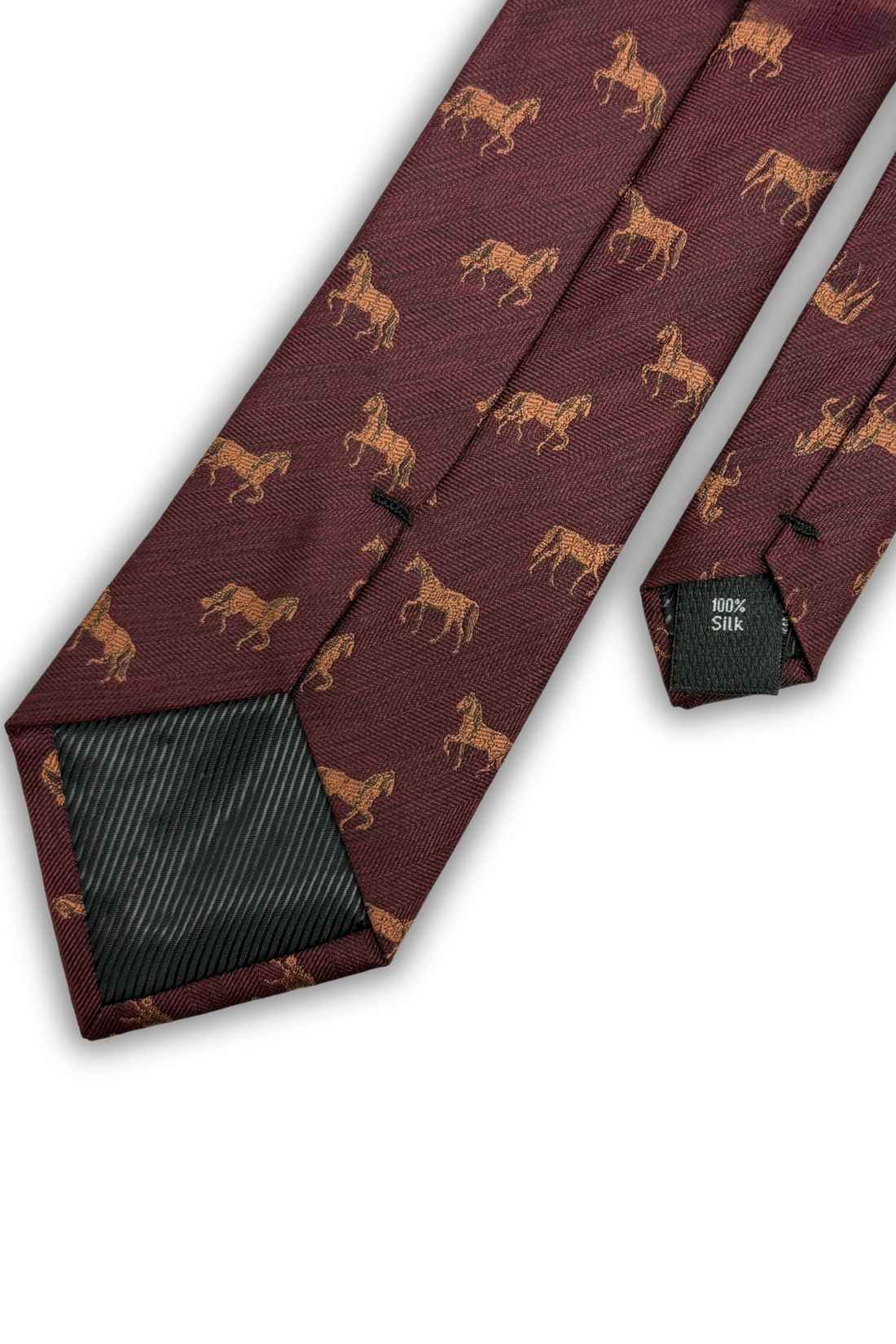 Burgundy Horse Motif Necktie with Heritage Pattern