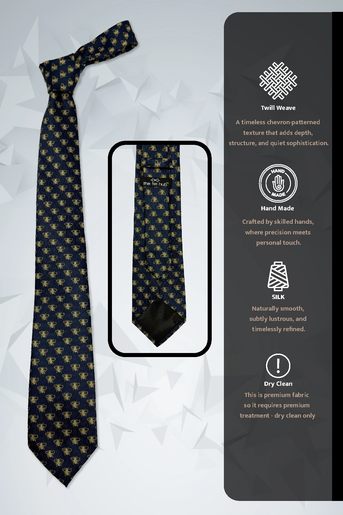 Navy Blue Bee Motif Necktie with Classic Pattern